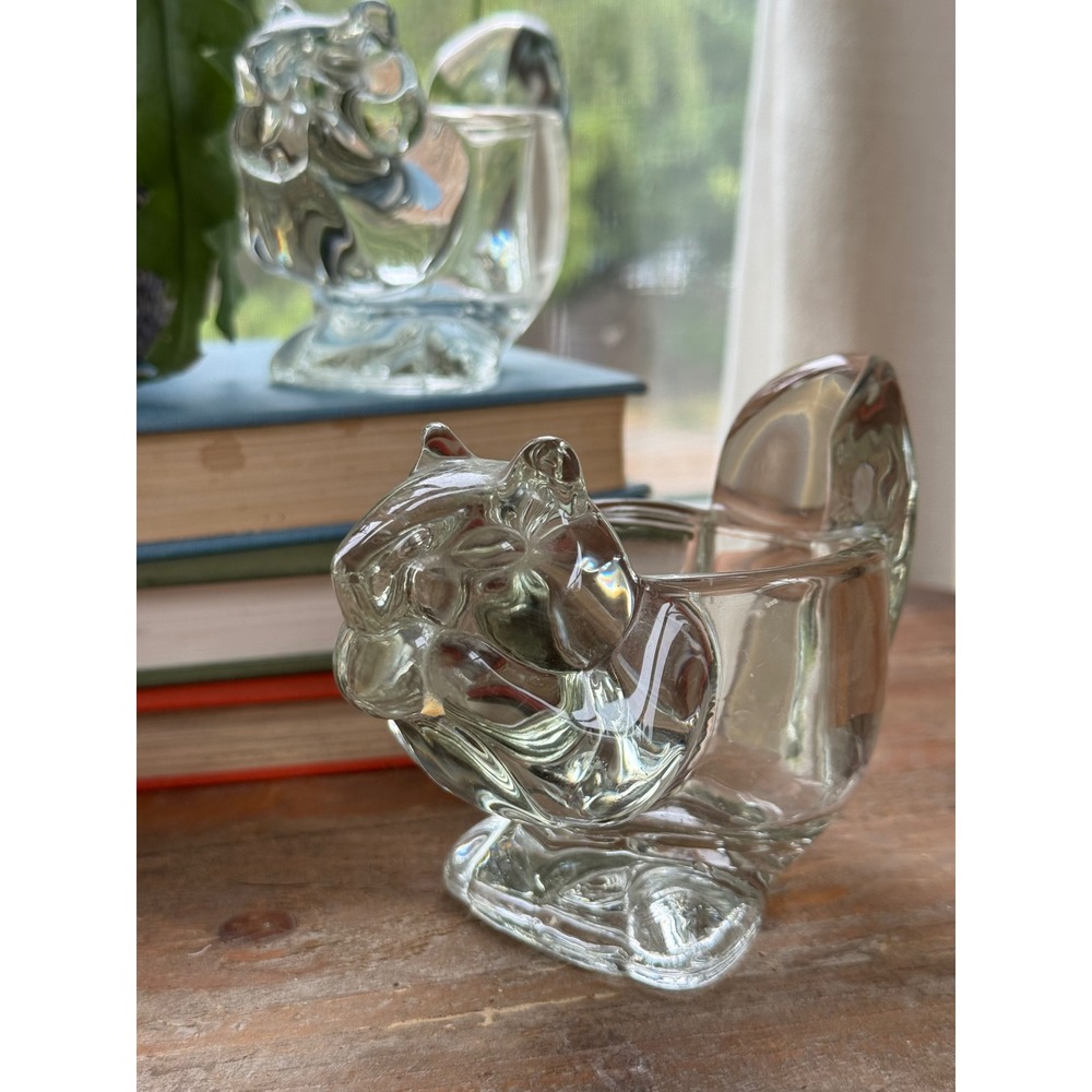 Vintage Clear Pressed Glass Squirrel‎ Tea Light Candle Holders Set of 2 Woodland